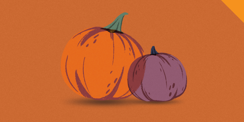 an orange and a purple pumpking sitting next to each other with a dark orange textured background