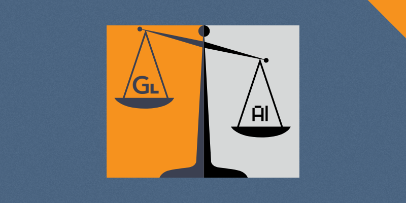 a scale with the gravis law logo on one side, higher up, and "AI" on the other, lower. colors are gravis orange, blue, black, and grey.
