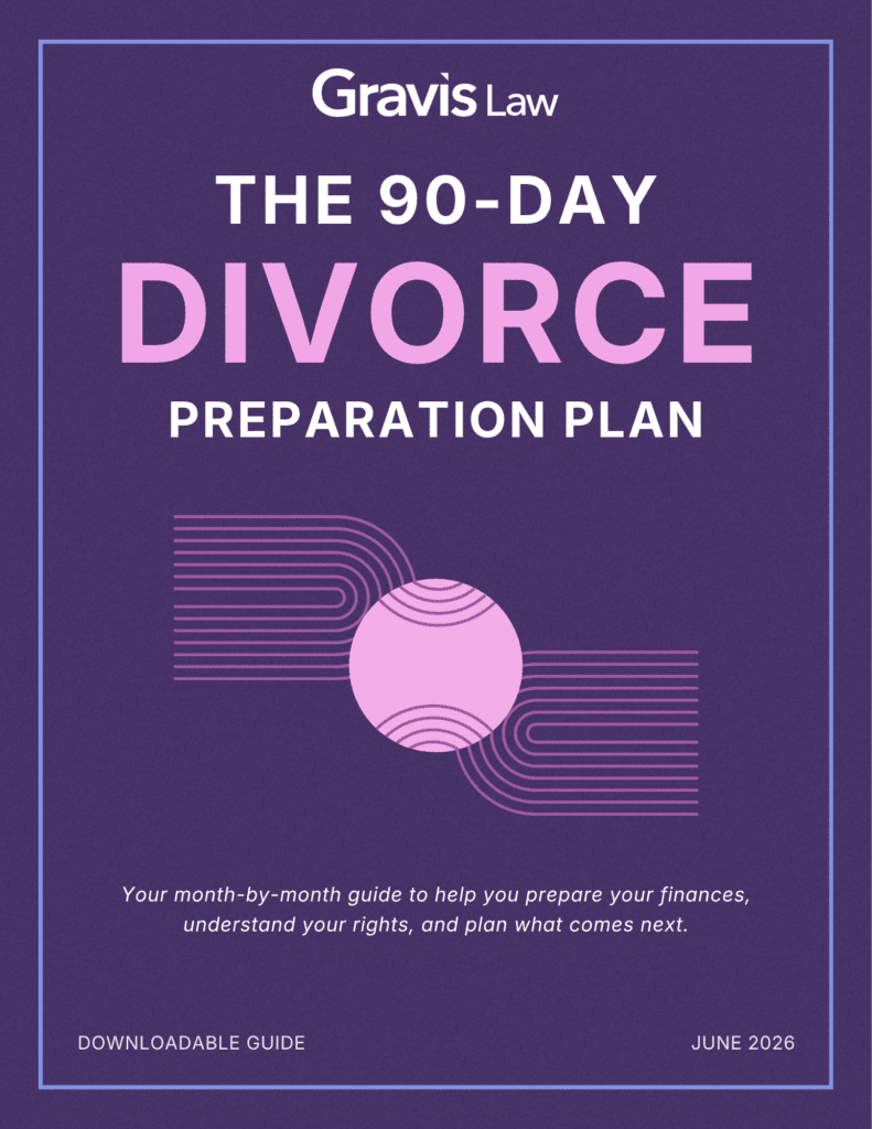 Cover of Gravis Law's free downloadable guide titled The 90-Day Divorce Preparation Plan, a month-by-month guide to help you prepare your finances, understand your rights, and plan what comes next. Published June 2026.