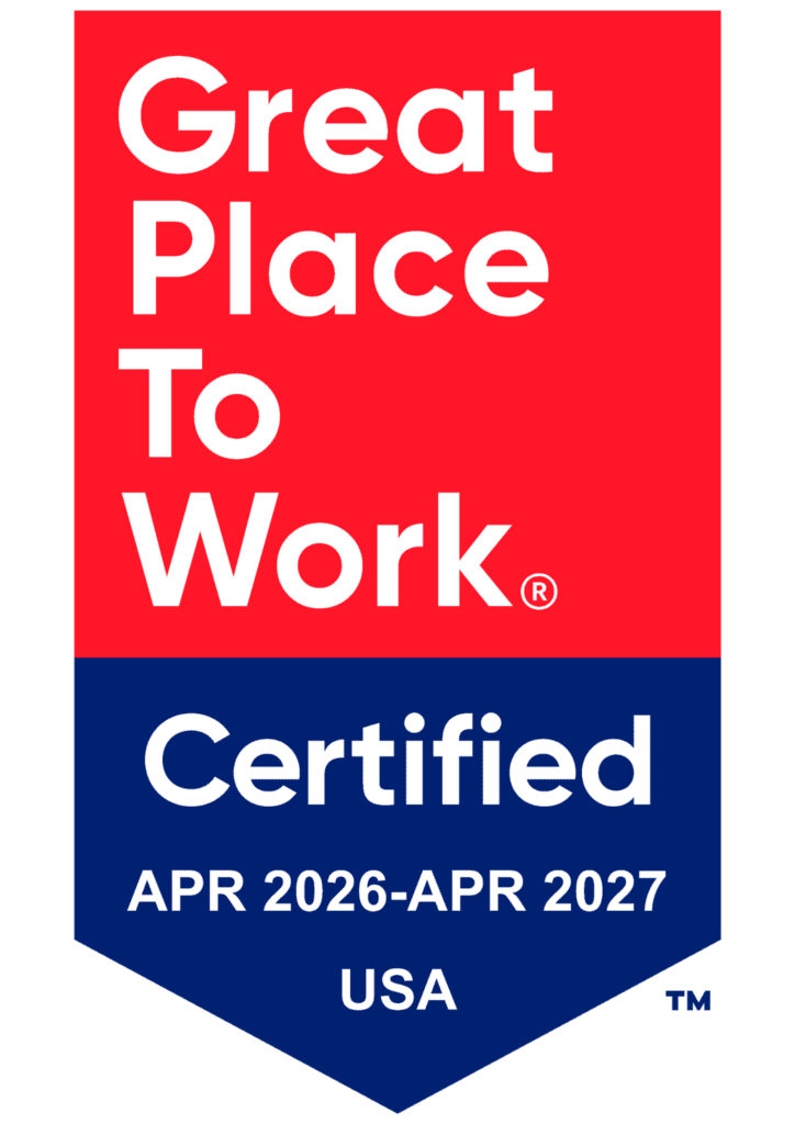 Great Place to Work Badge in red and blue. Certified, april 2026 -april 2027, USA