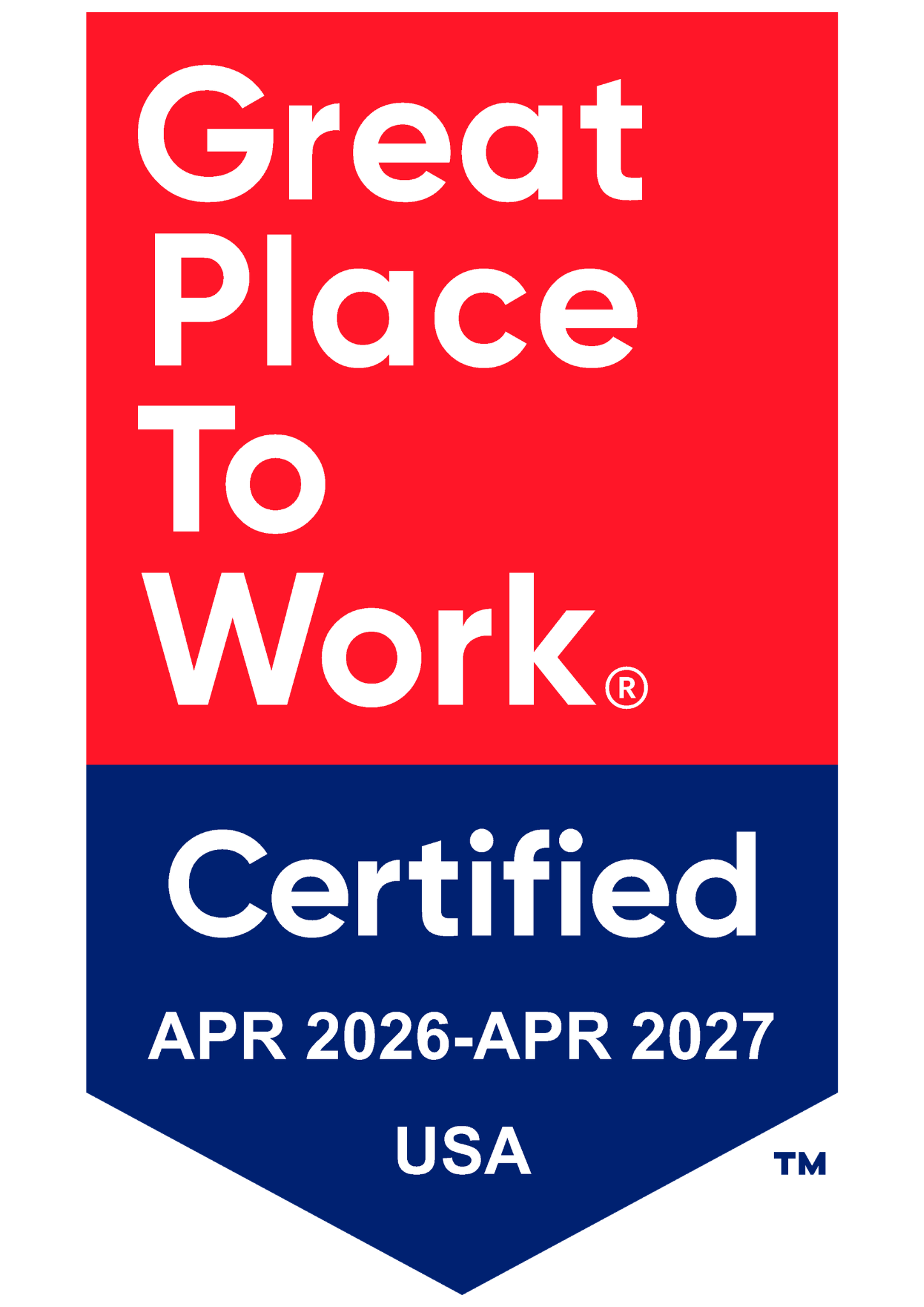 Great Place to Work Badge in red and blue. Certified, april 2026 -april 2027, USA
