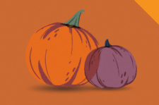 An orange and a purple pumpking leaning against each other against an orange speckled background.